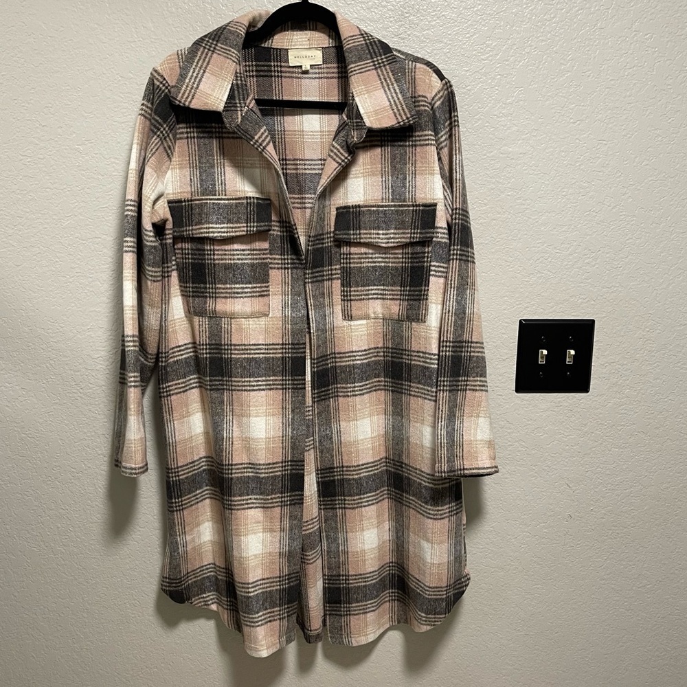 Melloday Super Soft Pink & Black Long Flannel Jacket W Pockets LARGE